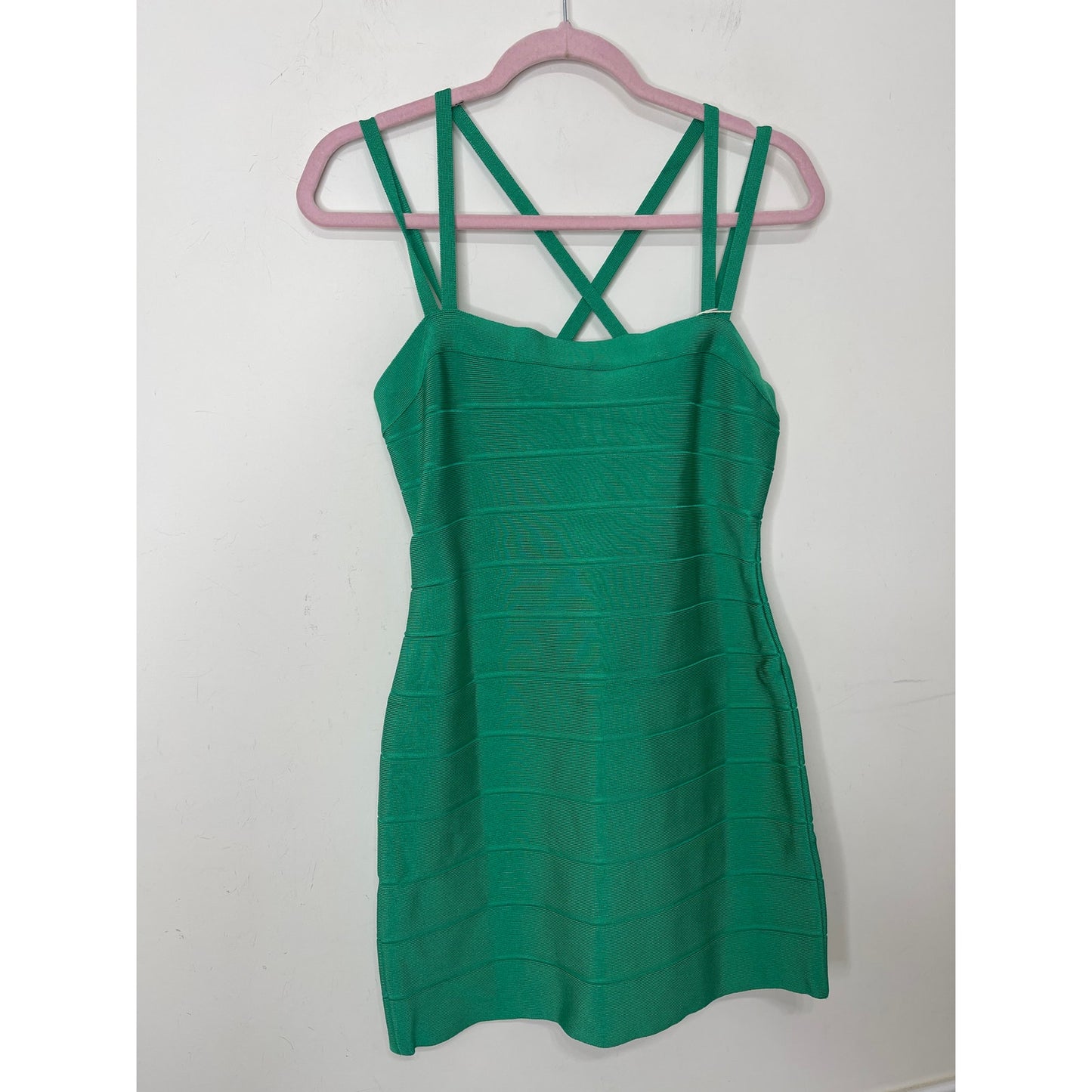 Herve Leger Criss-Cross Back Strappy Mini Dress Green Opal Large Spaghetti Strap