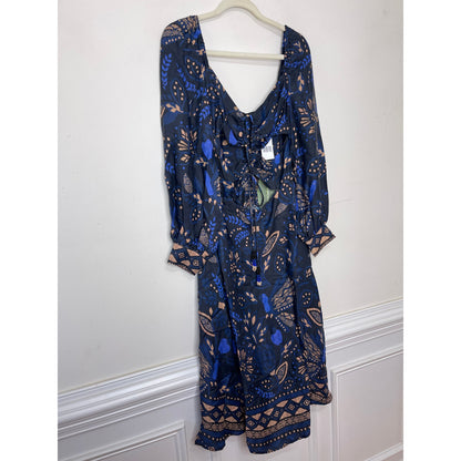 Farm Rio Macaw Forest Cutout Midi Dress Large Black Floral Long Sleeve Tie Front