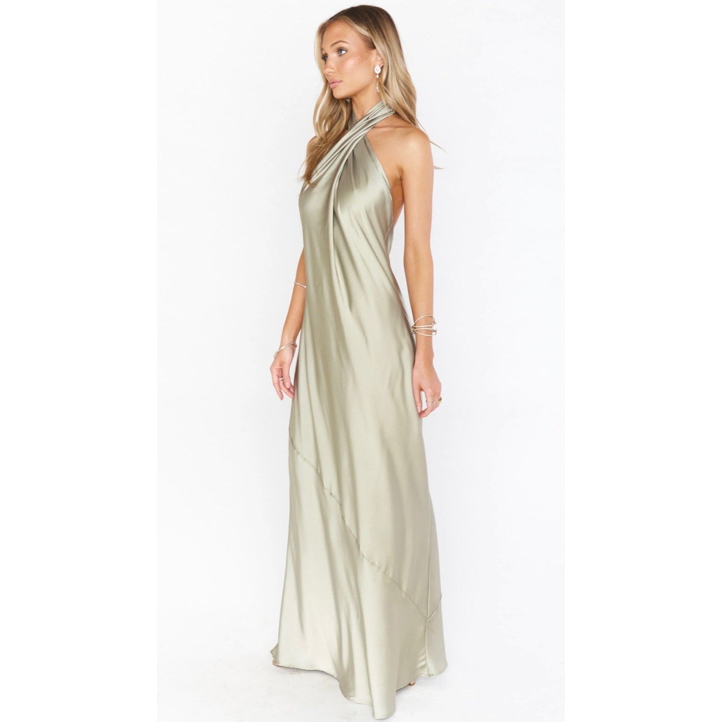Show Me Your Mumu Jasmine Halter Maxi Dress in Moss Green Luxe Satin Size XXS