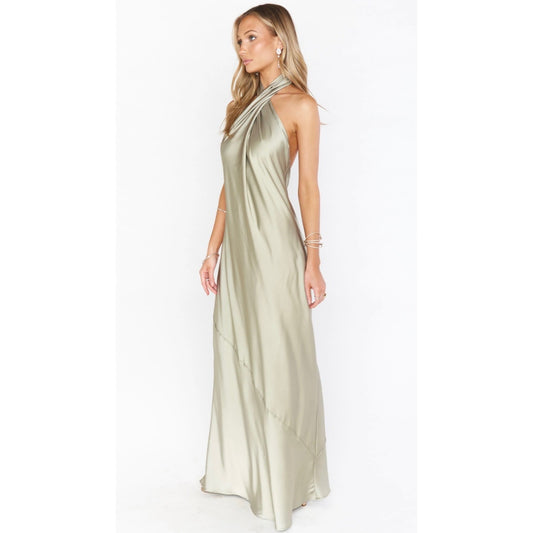 Show Me Your Mumu Jasmine Halter Maxi Dress in Moss Green Luxe Satin Size XXS