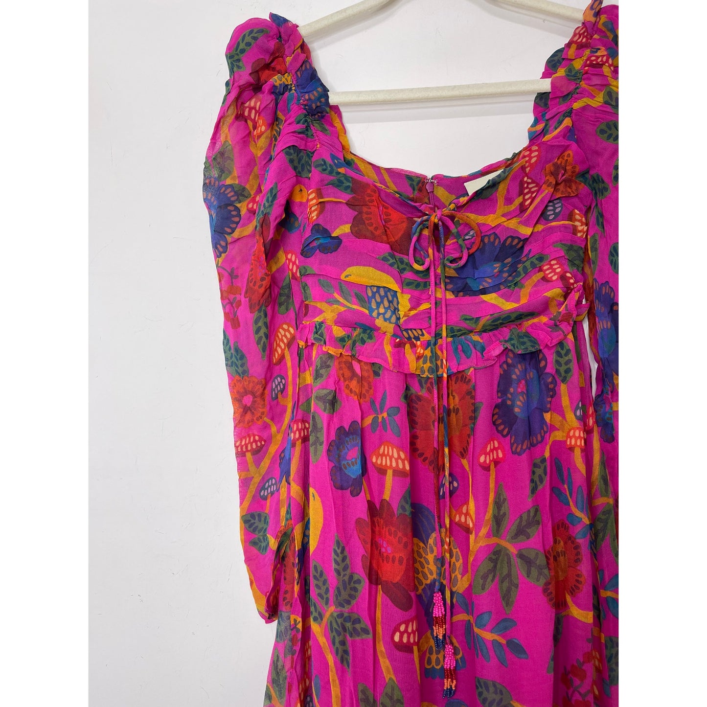 Farm Rio Sweet Forest Maxi Dress Pink Size XS Floral Long Sleeve Keyhole Lined