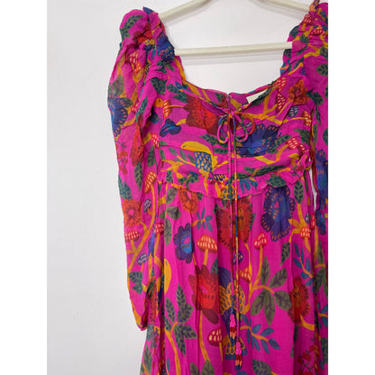 Farm Rio Sweet Forest Maxi Dress Pink Size XS Floral Long Sleeve Keyhole Lined