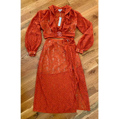 For Love & Lemons Lace Top and Skirt Set Burnt Orange Floral Small Eyelets