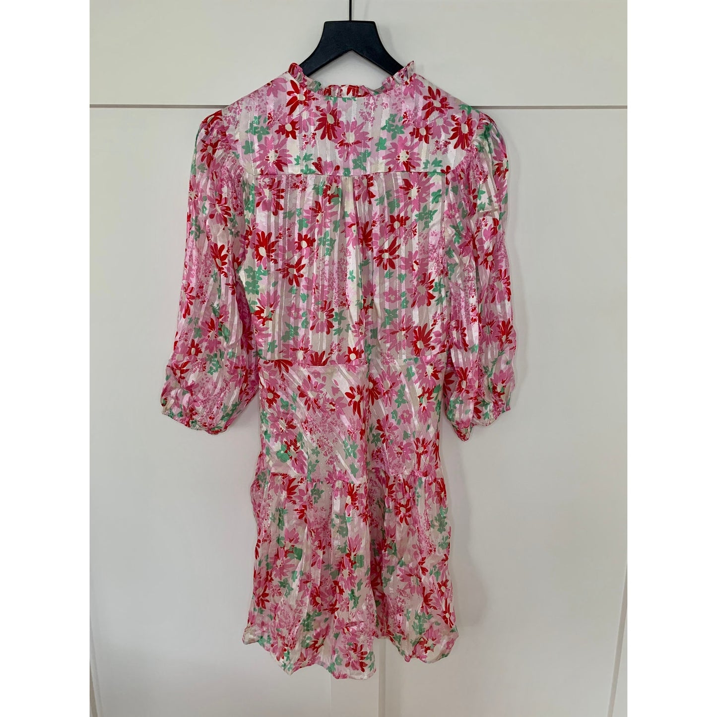 Rixo Mini Dress in Pink Small Floral Long Sleeve Ruffle Deep V-Neck Party