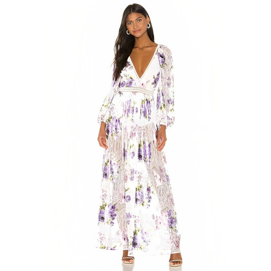 For Love and Lemons Wildflower Foil Lace Maxi Dress in Lavender Small V-Neck