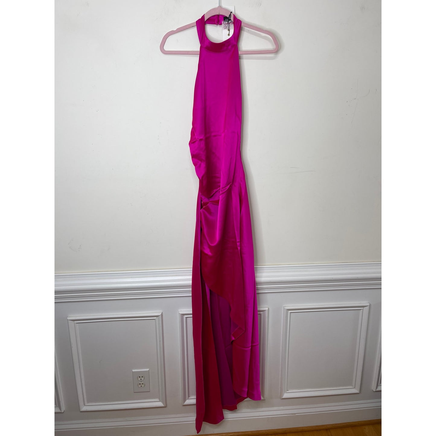 Retrofete Sabrina Dress Neon Pink Large Backless Satin Sleeveless Asymmetrical