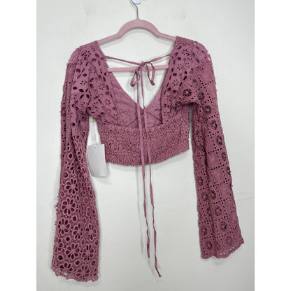 Free People Yesenia Set in Purple Small Eyelet Crochet Floral Pattern Cotton