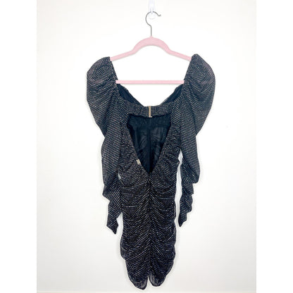 For Love & Lemons All That Glitters Black Sparkle Ruched Mini Dress Size XS