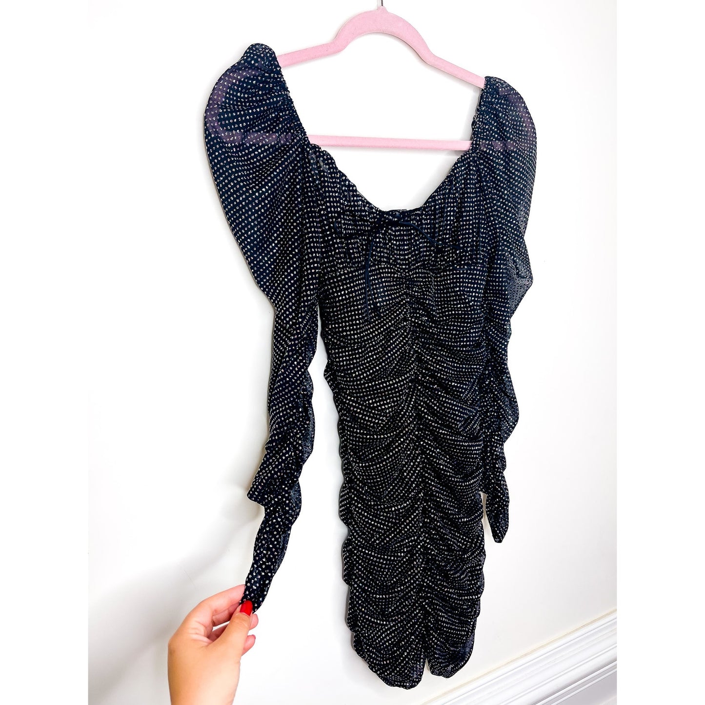 For Love & Lemons All That Glitters Black Sparkle Ruched Mini Dress Size XS
