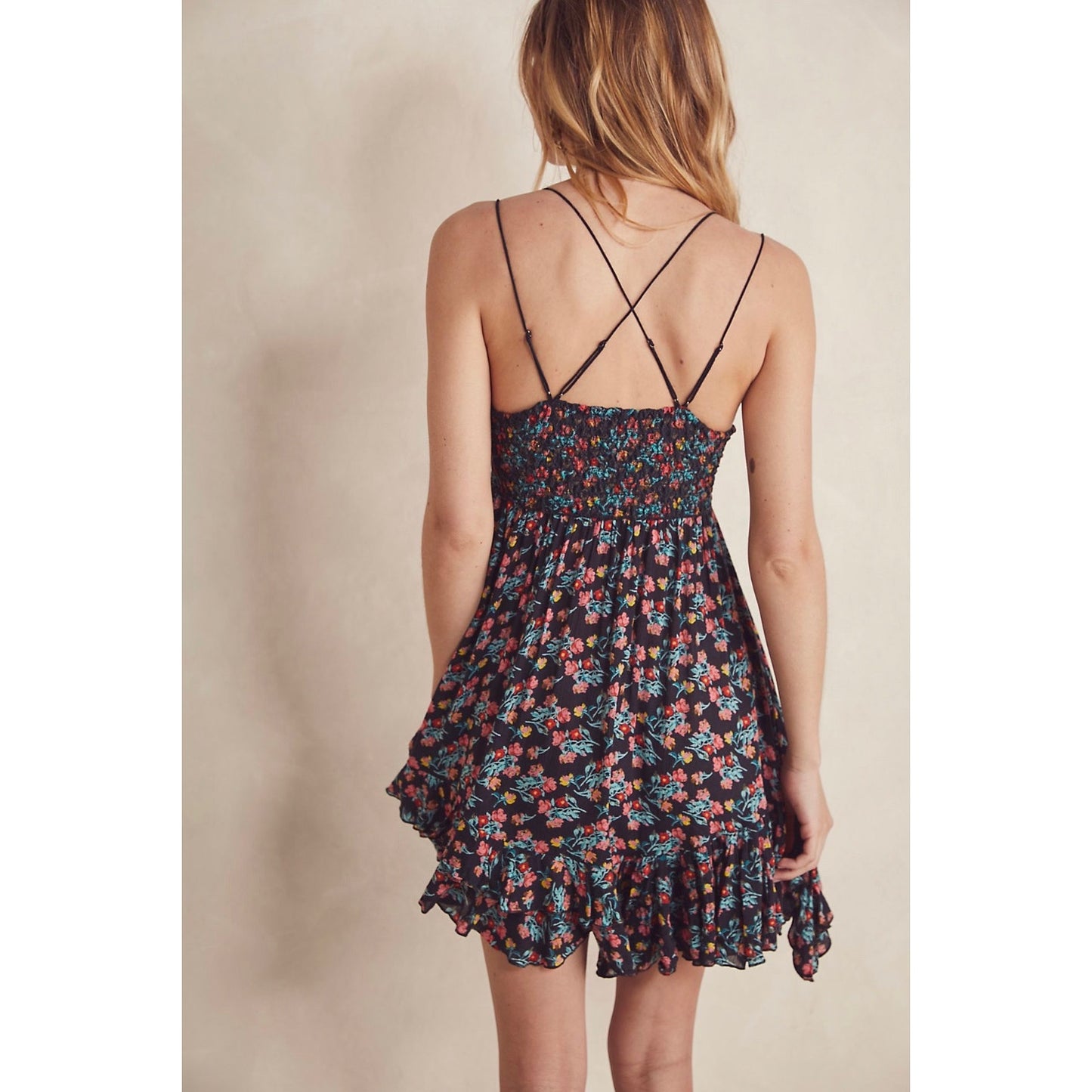 Free People Adella Printed Mini Slip Dress in Black combo Size Small FRE361