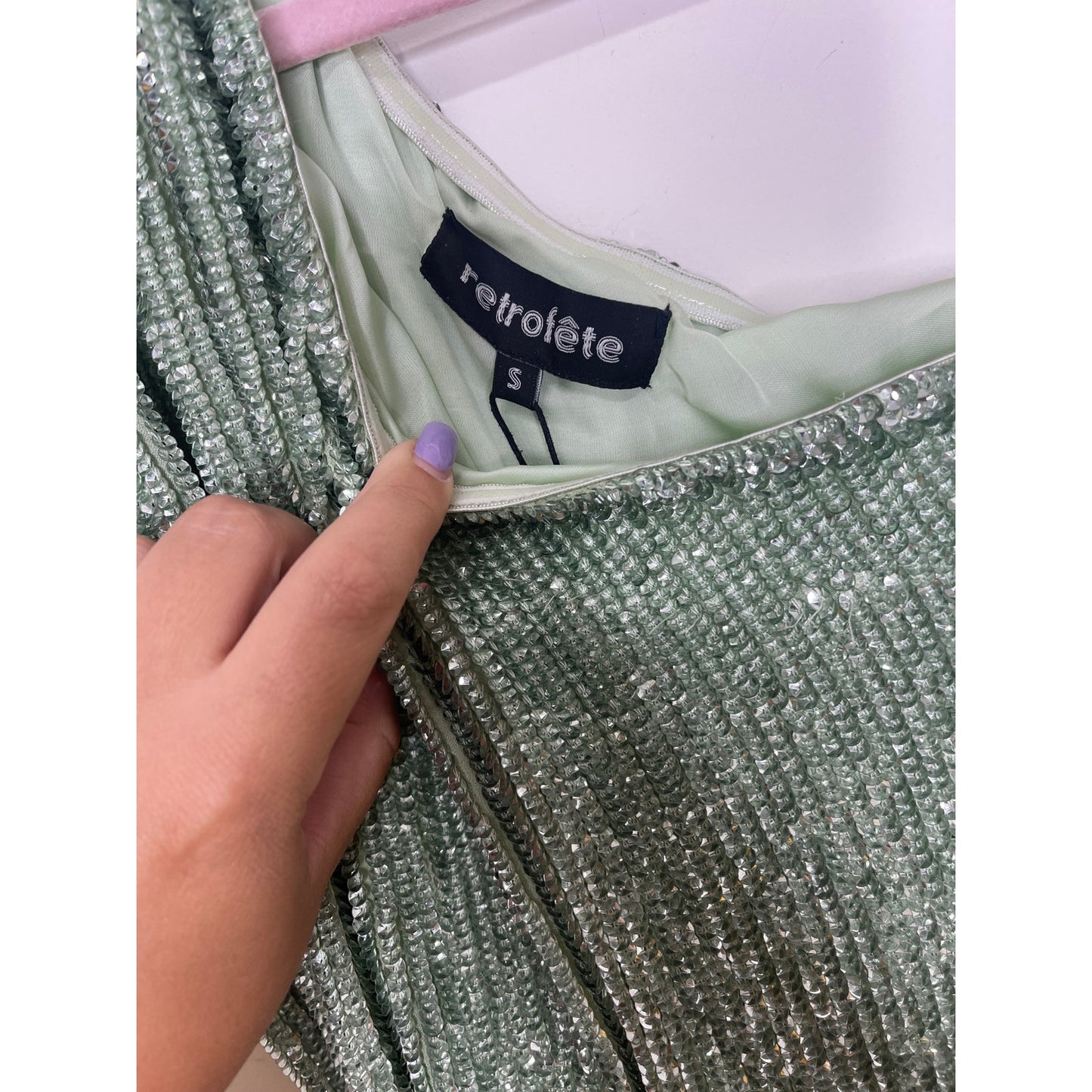 Retrofete Ellla Sequin Dress in Sage Small Mini One Shoulder Sleeveless Party