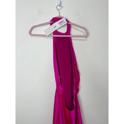 Retrofete Sabrina Dress Neon Pink Large Backless Satin Sleeveless Asymmetrical