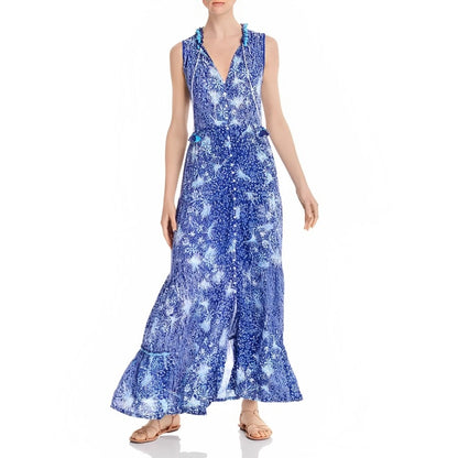 Poupette St. Barth Clara Maxi Dress Pink Tulip Large Floral Sleeveless Ruffles