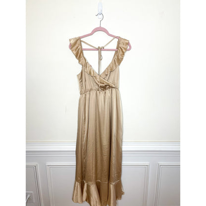 Show Me Your Mumu Samantha Ruffle Wrap Dress in Champagne Luxe Satin Size Large