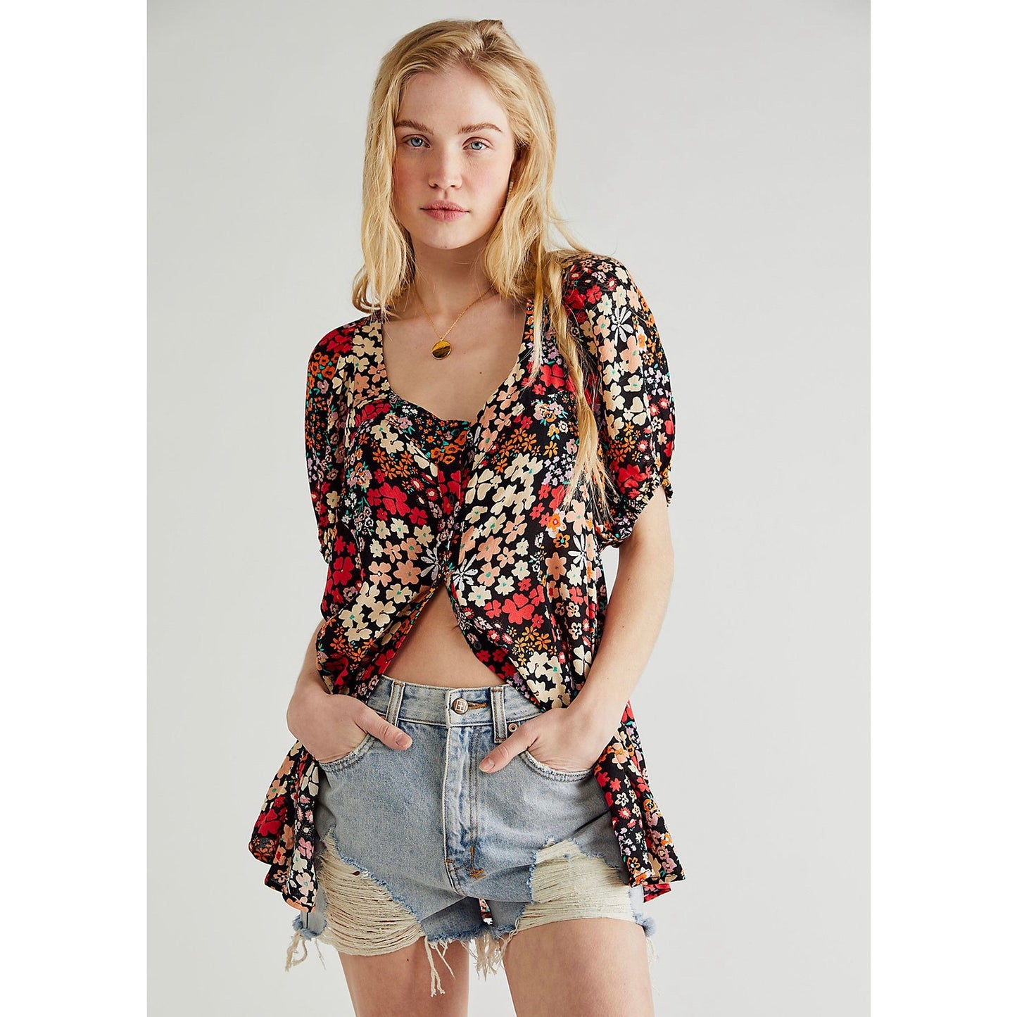 Free People Callie Printed Tunic in Red Floral Combo Size XS