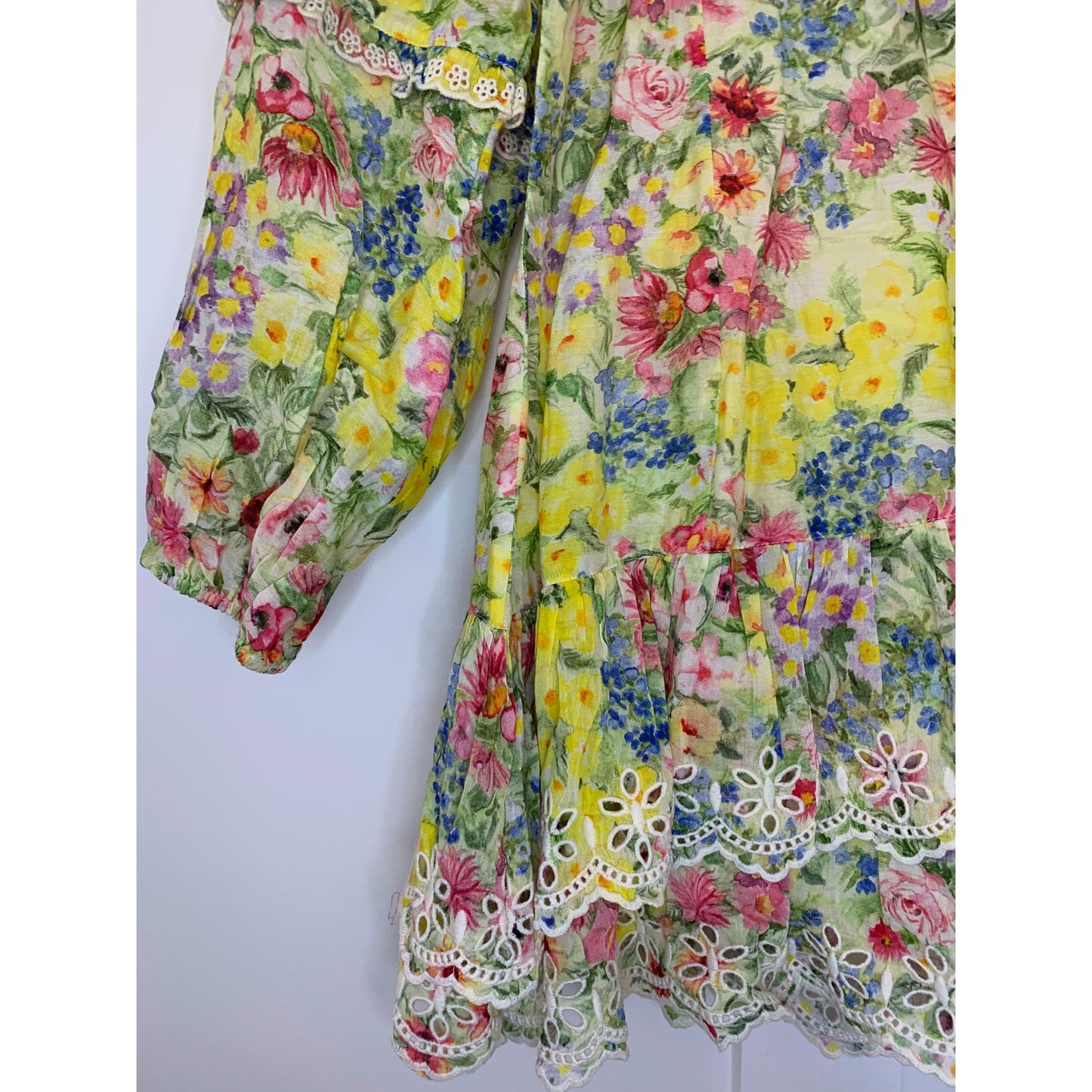Love Shack Fancy Mini Dress Yellow Floral Print Size 6 Long Sleeve Ruffle Eyelet