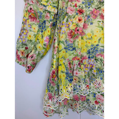 Love Shack Fancy Mini Dress Yellow Floral Print Size 6 Long Sleeve Ruffle Eyelet