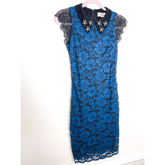 Badgley Mischka Belle Blue Lace Embellished Dress Size 2