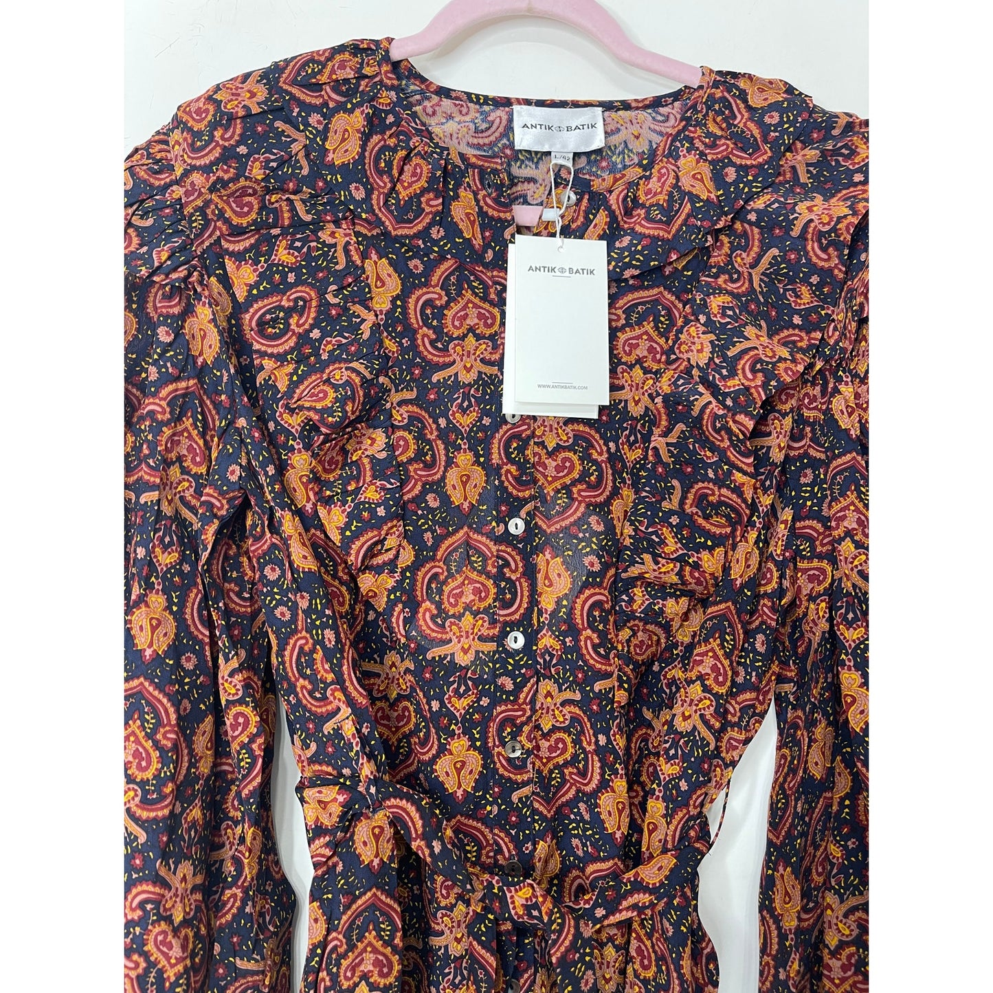 Antik Batik Mylo Printed Mini Dress Large/42 Paisley Long Sleeve Lined V-Neck