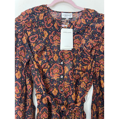 Antik Batik Mylo Printed Mini Dress Large/42 Paisley Long Sleeve Lined V-Neck