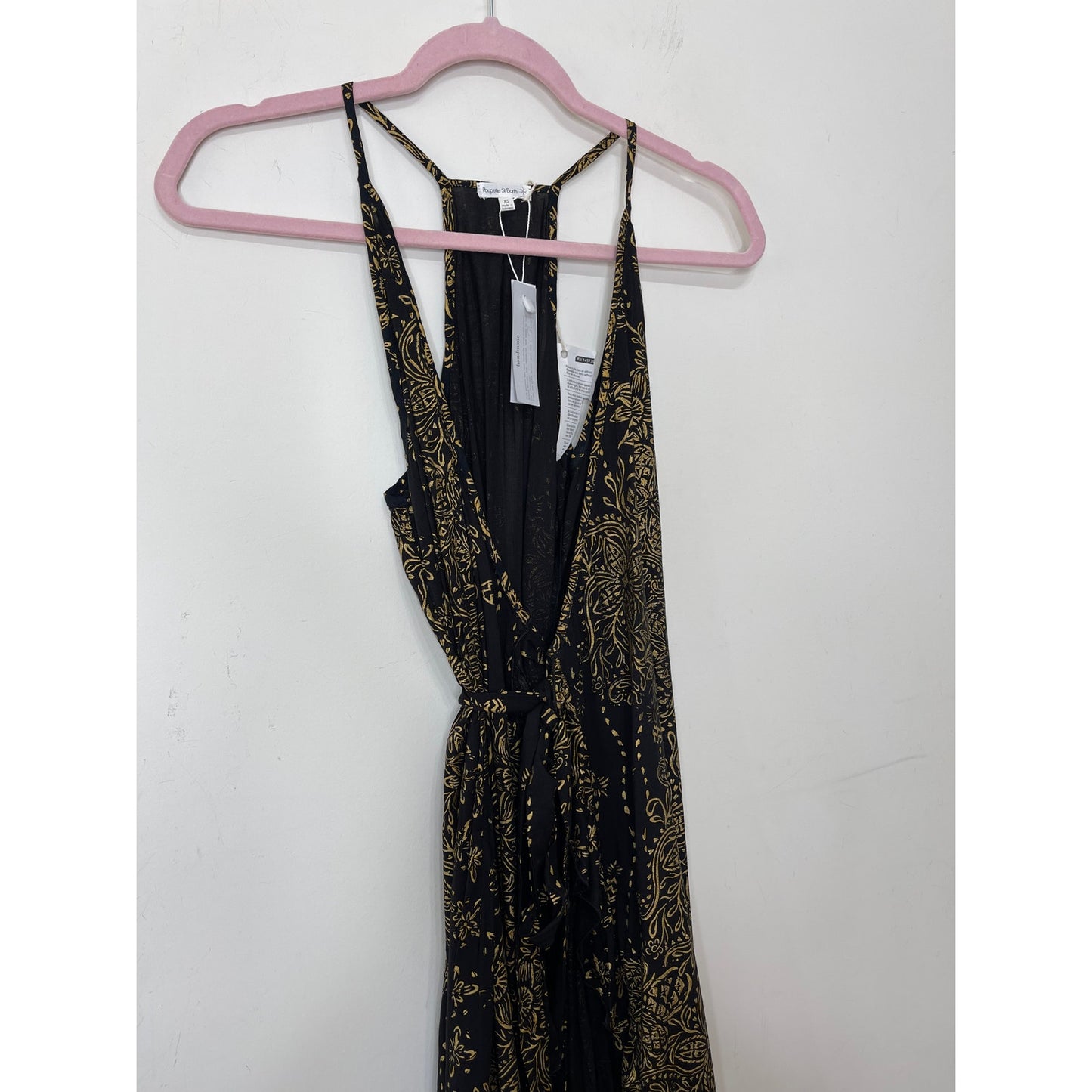 Poupette St. Barth Black & Gold Printed Wrap Midi Dress Size XS Sleeveless