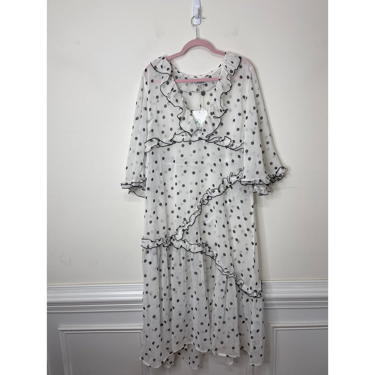GANNI Ruffled Chiffon Midi Dress White Polka Dot 40/US 10 Half Sleeve V-Neck
