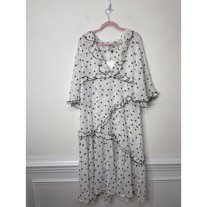 GANNI Ruffled Chiffon Midi Dress White Polka Dot 40/US 10 Half Sleeve V-Neck