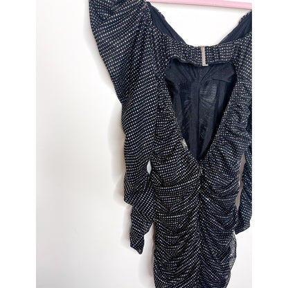 For Love & Lemons All That Glitters Black Sparkle Ruched Mini Dress Size XS