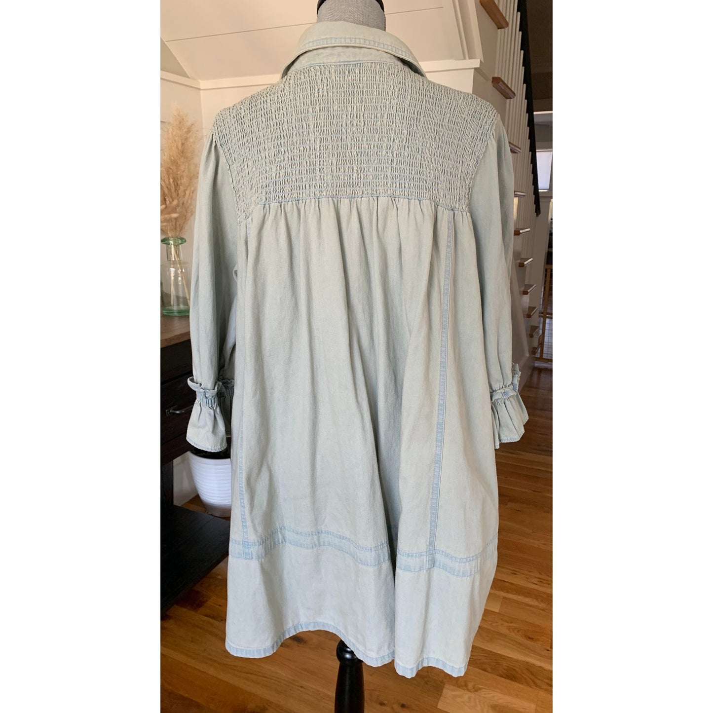 Free People Chambray Shirt Dress in Light Blue Medium Button Front 3/4 Sleeve