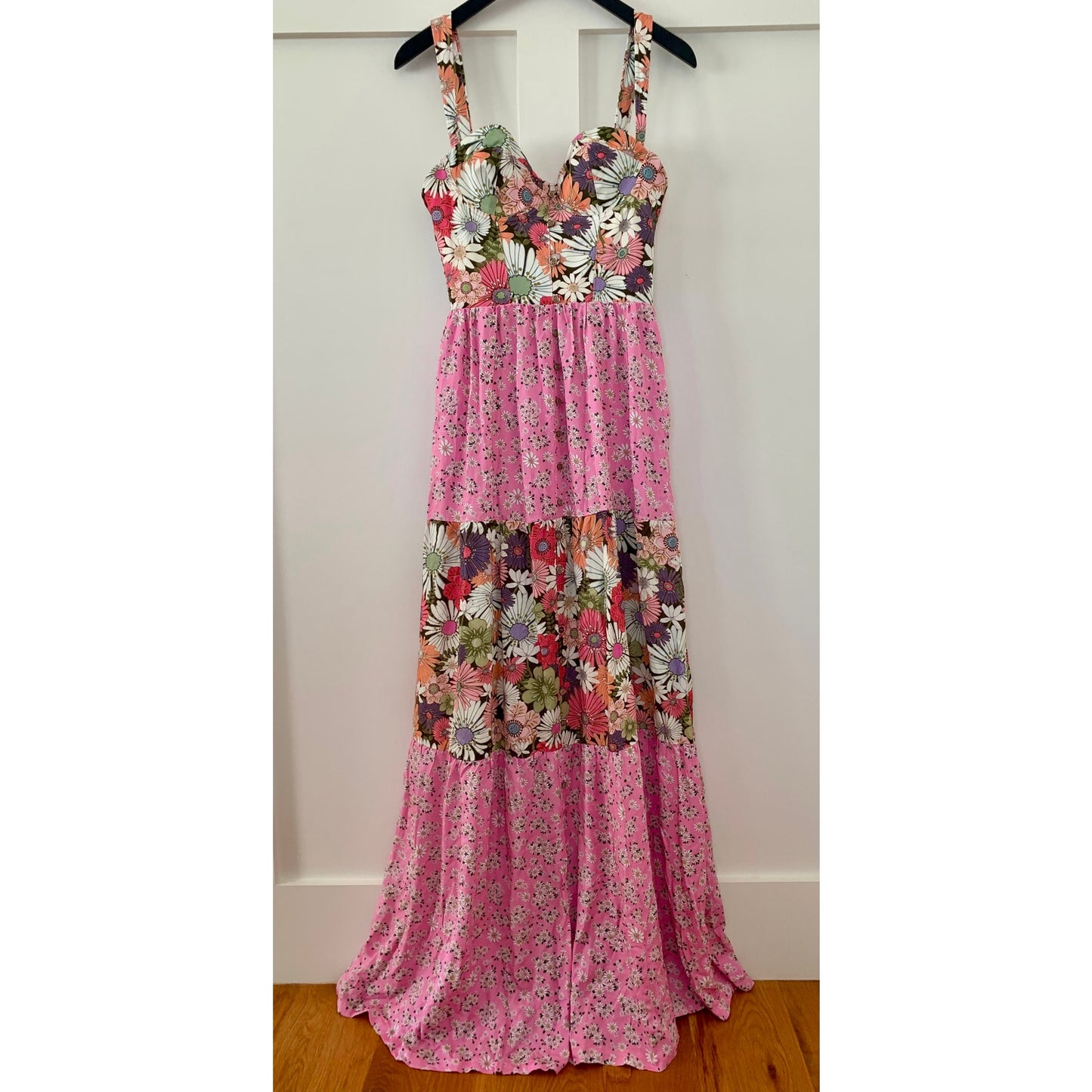 Agua Bendita Alani Java Maxi Dress Pink Large Floral Sleeveless Sweetheart Neck