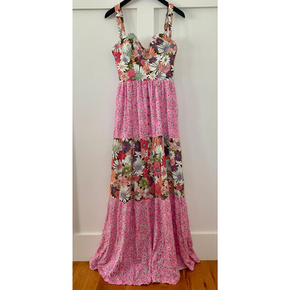 Agua Bendita Alani Java Maxi Dress Pink Large Floral Sleeveless Sweetheart Neck