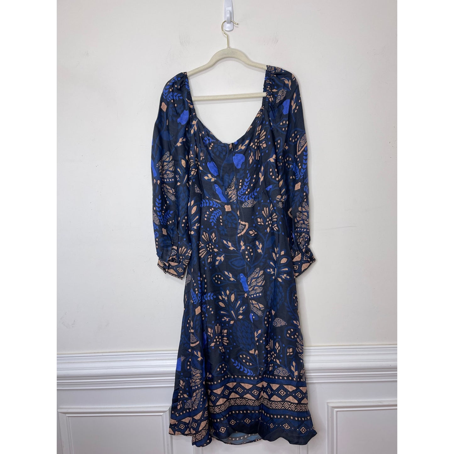 Farm Rio Macaw Forest Cutout Midi Dress Large Black Floral Long Sleeve Tie Front