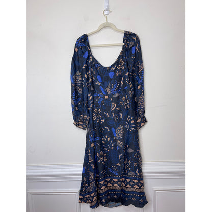 Farm Rio Macaw Forest Cutout Midi Dress Large Black Floral Long Sleeve Tie Front