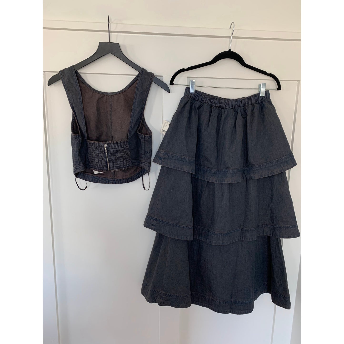 Free People Ryder Denim Set in After Dark Black Small Sleeveless Tiered Cotton