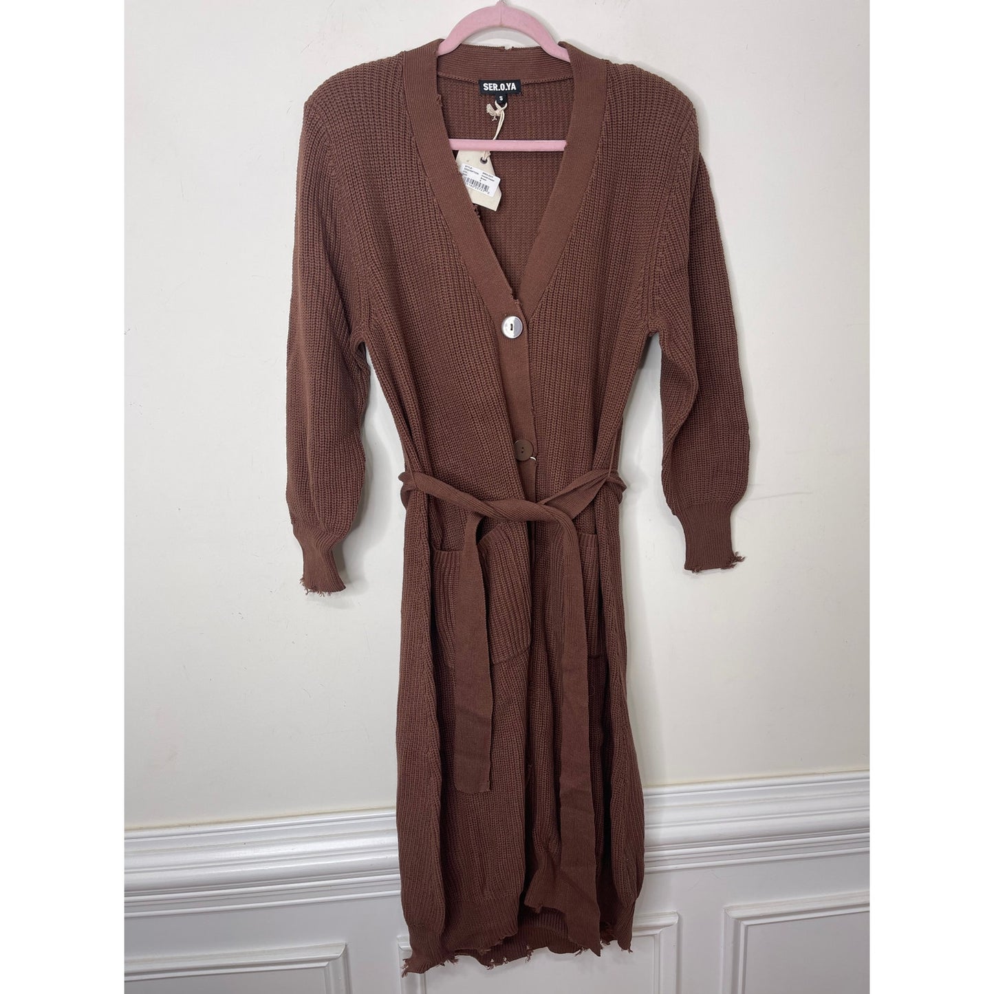SER.O.YA Amanda Sweater Dress Brown Small Long Sleeve Button Front Knit Cotton