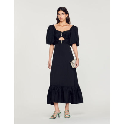 Sandro Falbala Midi Dress Black Sz 34 Short Sleeve Rhinestone Embellished Cutout
