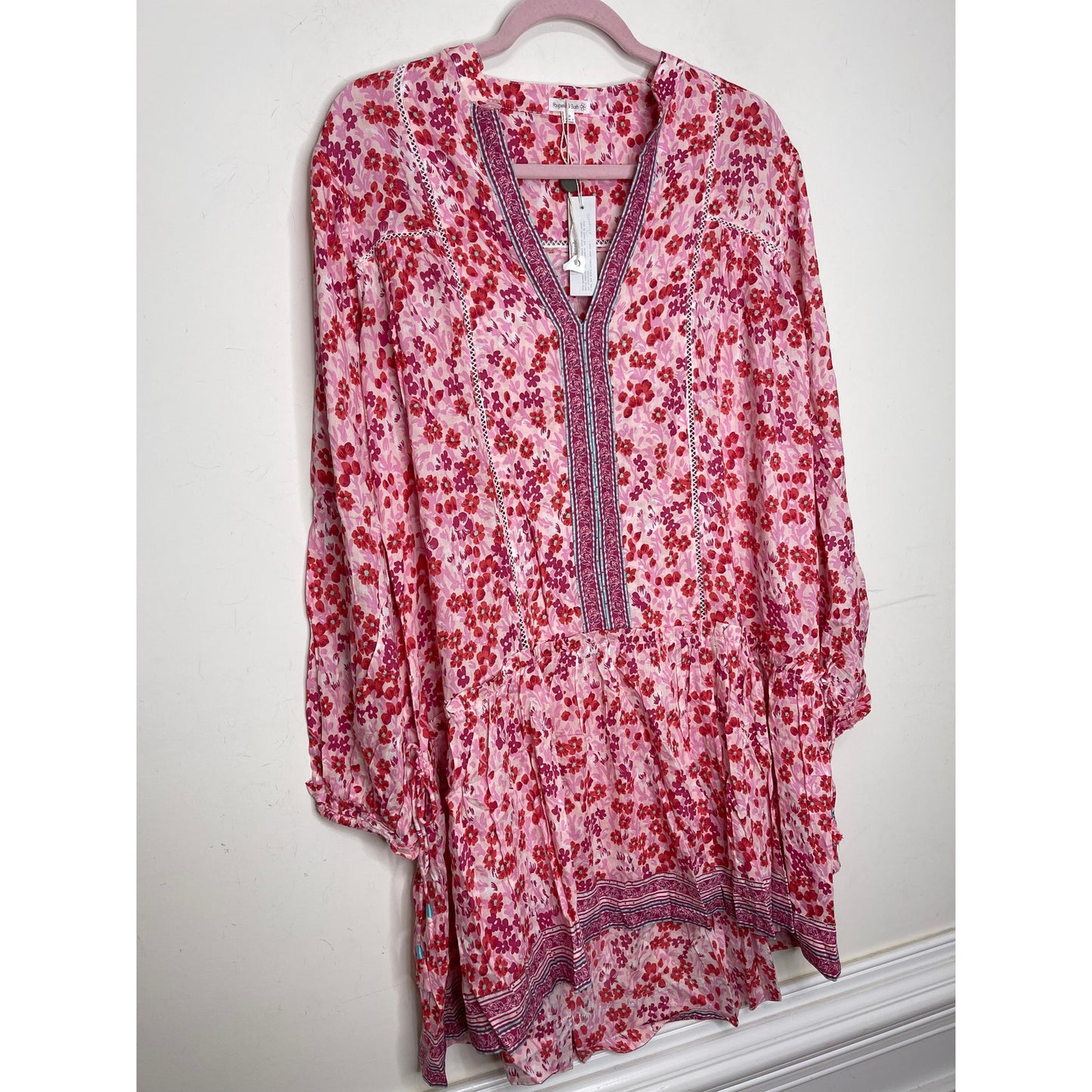 Poupette St. Barth Sylvia Drop Waist Mini Dress in Pink Daffodil Medium Tasseled