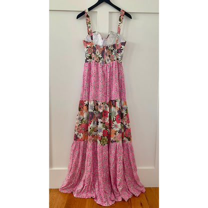 Agua Bendita Alani Java Maxi Dress Pink Large Floral Sleeveless Sweetheart Neck