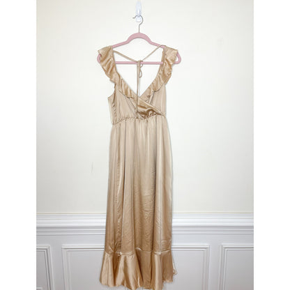 Show Me Your Mumu Samantha Ruffle Wrap Dress in Champagne Luxe Satin Size Large