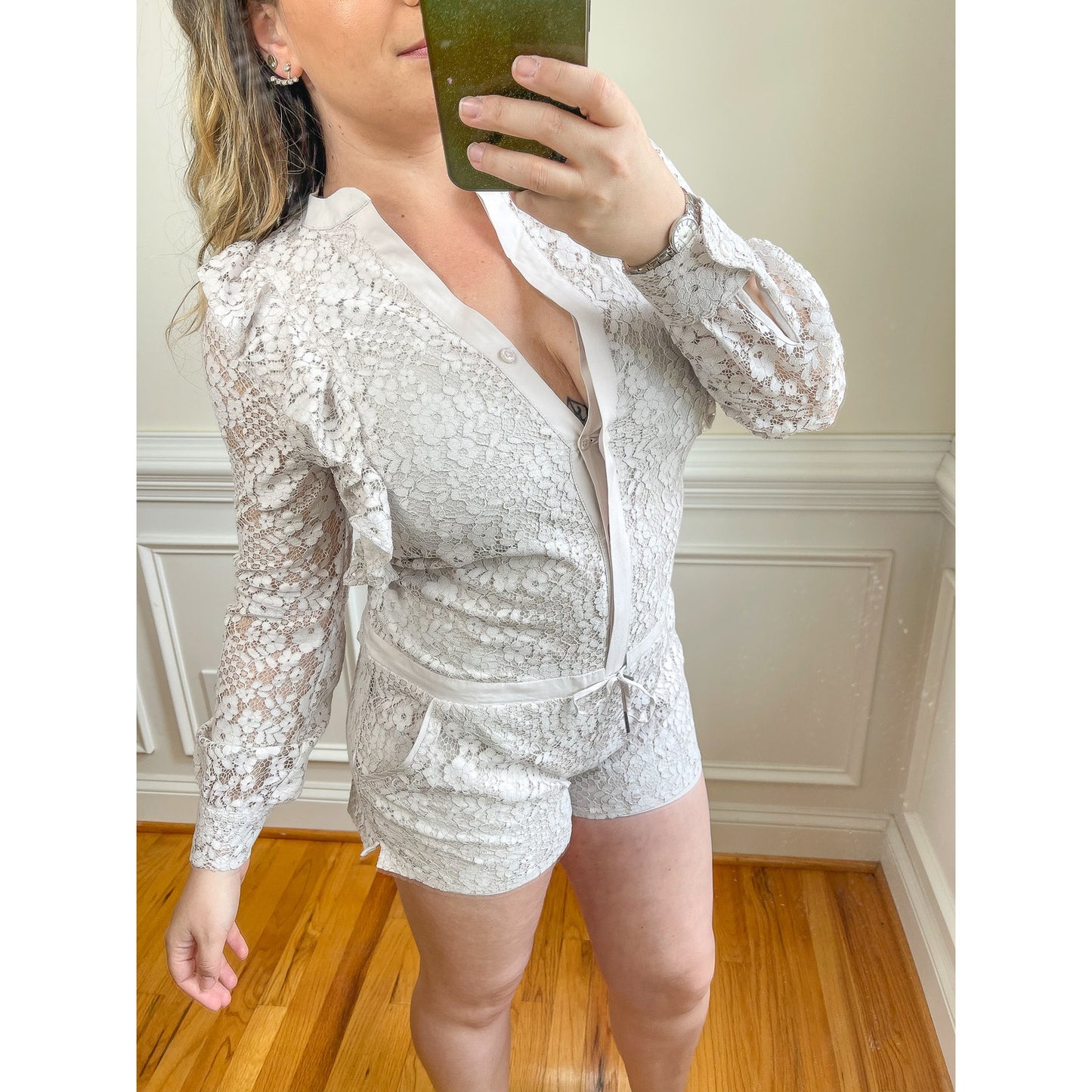 David Lerner Dusty Lavender Lace Ruffle Long Sleeve Romper Size XS