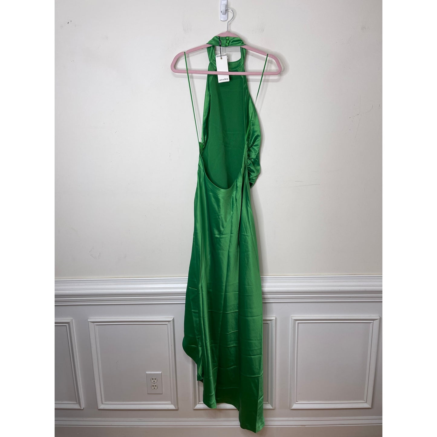 Retrofete Sabrina Dress in Natural Green Large Asymmetrical Sleeveless Satin
