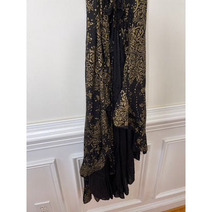 Poupette St. Barth Black & Gold Printed Wrap Midi Dress Size XS Sleeveless