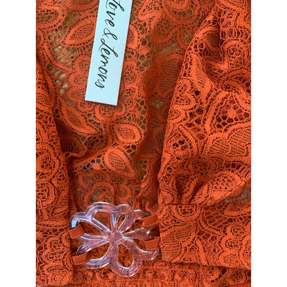 For Love & Lemons Lace Top and Skirt Set Burnt Orange Floral Small Eyelets