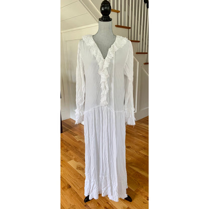 Free People Boho Maxi Dress White Medium Long Sleeve Ruffle Fringe Button Front