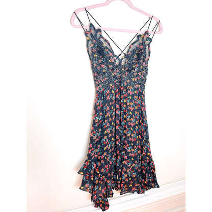 Free People Adella Printed Mini Slip Dress in Black combo Size Small FRE361
