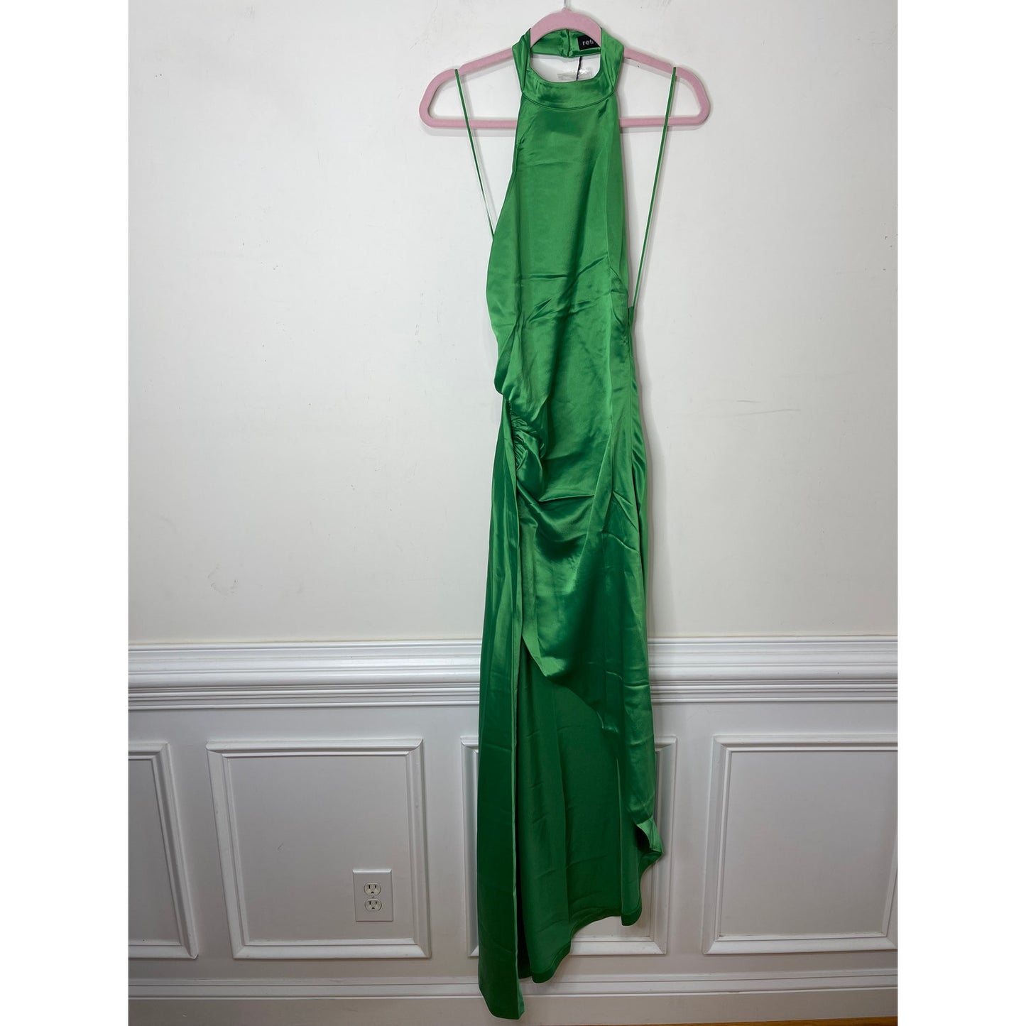 Retrofete Sabrina Dress in Natural Green Large Asymmetrical Sleeveless Satin