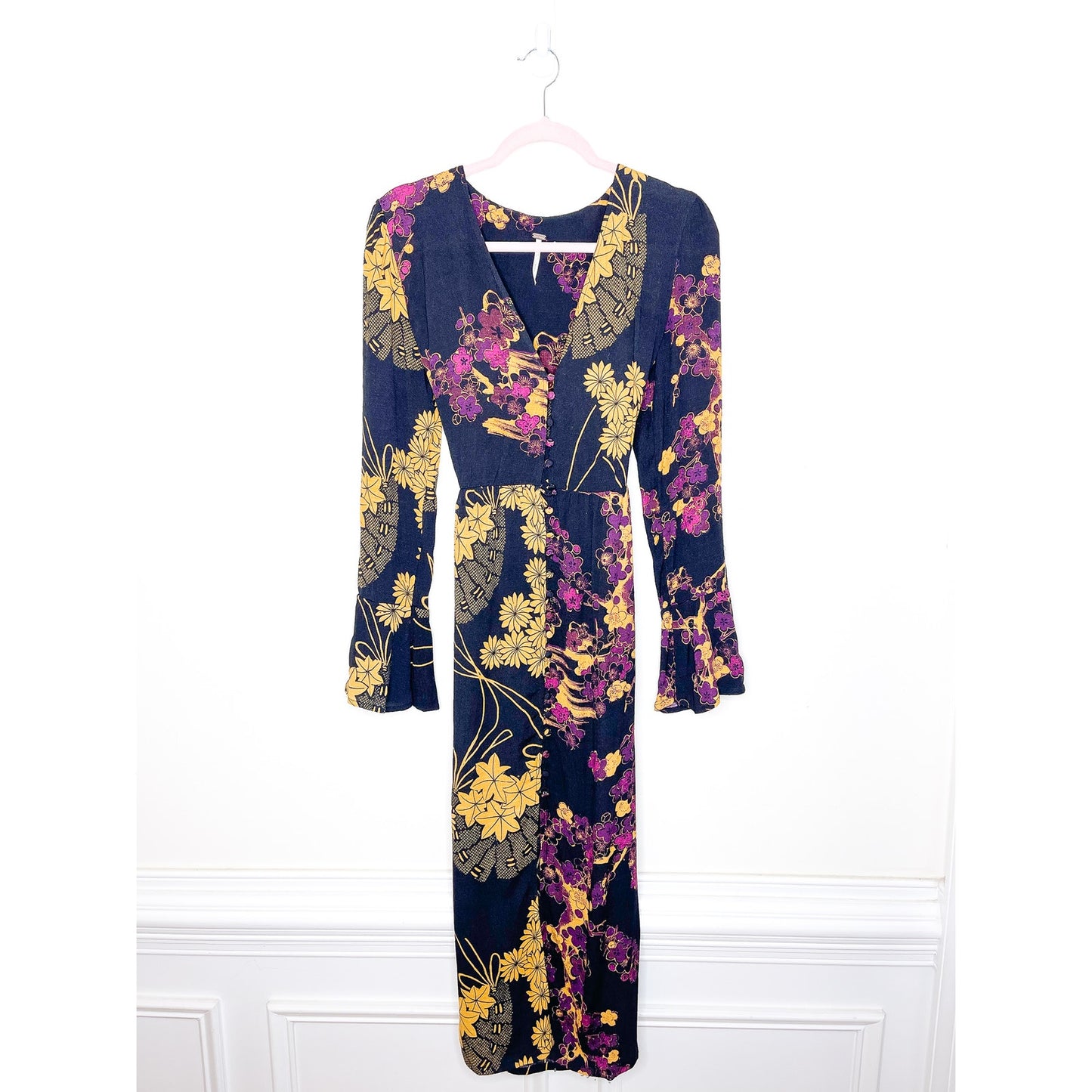 Free People Black Floral Print Long Sleeve Maxi Dress Size Small