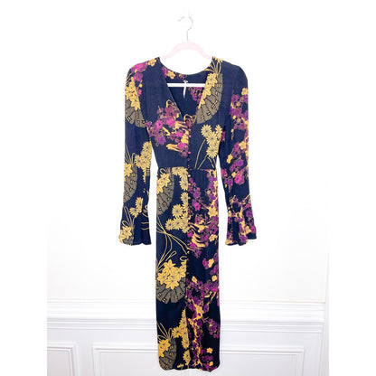 Free People Black Floral Print Long Sleeve Maxi Dress Size Small