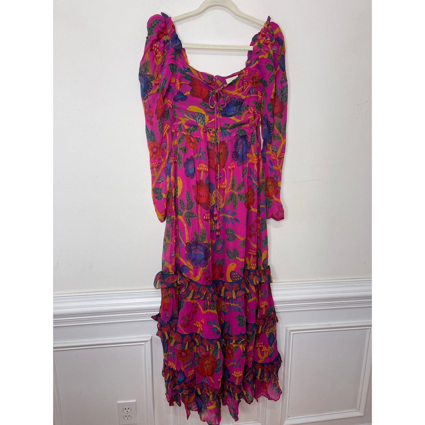 Farm Rio Sweet Forest Maxi Dress Pink Size XS Floral Long Sleeve Keyhole Lined