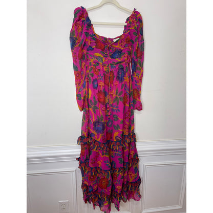 Farm Rio Sweet Forest Maxi Dress Pink Size XS Floral Long Sleeve Keyhole Lined